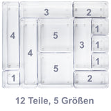Schubladen Organizer 5,5 cm hoch - 12 Teile 40x48 cm 5 Größen - klar transparent Antislip - Organizer für Schminktisch Kosmetik Ordnungssystem Aufbewahrungsbox Ordnungsbox Schubladeneinsatz