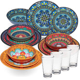 Melamin Geschirr Set Toskana für 4 Personen - 16 Teile - BUNT - Mandala-Optik mit klaren Trinkgläsern 400 ml aus Acryl Essgeschirr Campinggeschirr