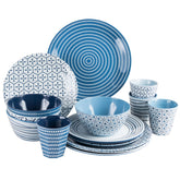 Camping Geschirr aus Melamin 16-teilig für 4 Personen, blau weiß Bruchsicher Spülmaschinenfest