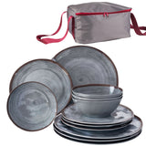 Camping Geschirr aus Melamin 13 Teile für 4 Personen Steingutoptik grau - mit Aufbewahrungstasche Steingutoptik Spülmaschinengeeignet - Essgeschirr Campingzubehör Campinggeschirr Wohnwagen Camping
