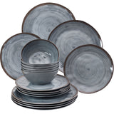 Melamin Geschirr Set für 6 Personen Steingut Optik grau 18 Teile - mit Tellern und Schälchen - Campinggeschirr
