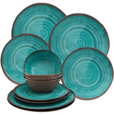 Camping Geschirr aus Melamin 12-teilig für 4 Personen, Steingutoptik, Design Halo, grün braun Spülmaschinenfest, Bruchsicher