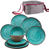 Camping Geschirr aus Melamin 13 Teile für 4 Personen Steingutoptik grün - mit Aufbewahrungstasche Steingutoptik Spülmaschinengeeignet - Essgeschirr Campingzubehör Campinggeschirr Wohnwagen Camping