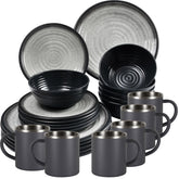 Melamin Geschirr Set Grau Schwarz für 6 Personen 24 Teile mit Edelstahl Thermo Tassen doppelwandig - Tonoptik Essgeschirr - Campinggeschirr Picknick ideal für Camping modern Outdoor