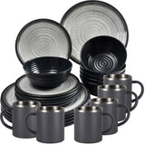 Melamin Geschirr Set Grau Schwarz für 6 Personen 24 Teile mit Edelstahl Thermo Tassen doppelwandig - Tonoptik Essgeschirr - Campinggeschirr Picknick ideal für Camping modern Outdoor