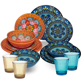 Melamin Geschirr Set Toskana Pastel für 4 Personen - 16 Teile - Orange-Blau - Mandala-Optik mit farblich passenden Trinkgläsern 360 ml aus Acryl Campinggeschirr