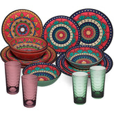 Melamin Geschirr Set Toskana Deep für 4 Personen - 16 Teile Rot-Grün - Mandala-Optik mit farblich passenden Trinkgläsern 260 ml Campinggeschirr