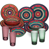 Melamin Geschirr Set Toskana Deep für 4 Personen - 16 Teile Rot-Grün - Mandala-Optik mit farblich passenden Trinkgläsern 260 ml Campinggeschirr
