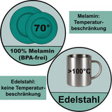 Melamin Geschirr Set Creme für 4 Personen 16 Teile mit Edelstahl Thermo Tassen doppelwandig - Tonoptik Essgeschirr - Campinggeschirr Picknick ideal für Camping modern Outdoor