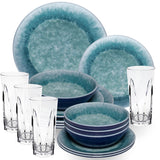 Melamin Geschirr Set Adria Blue für 4 Personen - 16 Teile Blau - mit klarem Trinkglas 450ml aus Acryl Steingutoptikgeschirr