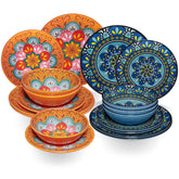 Melamin Geschirr Set Toskana Pastel für 6 Personen - 18 Teile - Orange-Blau - Mandala-Optik Spülmaschinengeeignet Essgeschirr Campinggeschirr