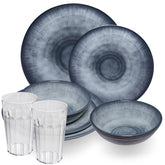 Melamin Geschirr Set Jesolo Grau für 2 Personen - 8 Teile - mit Trinkglas 630 ml klar Steingutoptik - Campinggeschirr Camping