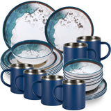 Melamin Geschirr Set Lagune für 6 Personen - 24 Teile - mit Edelstahl Thermo Tassen Steingutoptik Spülmaschinengeeignet Essgeschirr Campingzubehör Campinggeschirr Wohnwagen Camping Festival Picknick Gartenparty