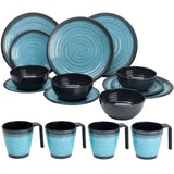 Melamin Geschirr für 4 Personen in Blau Granit-Optik 17 Teile - mit Waschschüssel mit je 4 großen Teller, 4 Dessertteller, 4 Schälchen, 4 Tassen - sehr robust dickwandig - farbecht - modernes Design