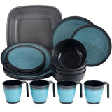 Melamin Geschirr für 4 Personen in Blau Granit-Optik 17 Teile - mit Waschschüssel mit je 4 großen Teller, 4 Dessertteller, 4 Schälchen, 4 Tassen - sehr robust dickwandig - farbecht - modernes Design