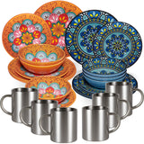 Melamin Geschirr Set Toskana Pastel für 6 Personen - 24 Teile - Orange-Blau - mit Edelstahltassen Mandala-Optik Spülmaschinengeeignet Essgeschirr Campingzubehör Campinggeschirr Wohnwagen Camping