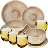 PRODUKTSET - 30514+30672 - Hummelladen Melamingeschirrset Jesolo Sand mit Trinkglas 400ml 4 Personen