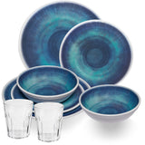 Melamin Geschirr Set Jesolo Blau für 2 Personen - 8 Teile - mit klarem Trinkglas 250ml aus Acryl Steingutoptik Campinggeschirr