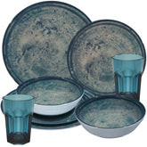 Melamin Geschirr Set Mondgranit Blau-Grau für 2 Personen - 8 Teile - mit blauen Trinkgläsern 400ml Steingutoptik Spülmaschinengeeignet Essgeschirr Campingzubehör Campinggeschirr Wohnwagen Camping