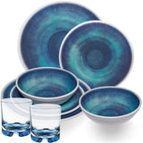 Melamin Geschirr Set Jesolo Blau für 2 Personen - 8 Teile - mit blauem Trinkglas 200ml aus Polycarbonat - Steingutoptik Campinggeschirr