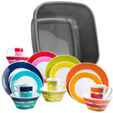 Melamin Geschirr Set 4 Personen 17 Teile mit WASCHSCHÜSSEL - in BUNTEN Farben Essgeschirr Campinggeschirr