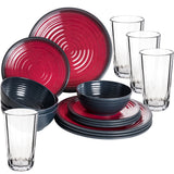 Melamin Geschirr Set Rot für 4 Personen 16 Teile mit Trinkglas Klar Tonoptik - Essgeschirr Acryl Wasserglas - Campinggeschirr