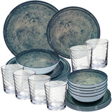 PRODUKTSET - 33414+33000 - Hummelladen Melamingeschirrset Mondgranit mit Trinkglas Klar 250ml 6 Personen