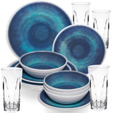 Melamin Geschirr Set Jesolo Blau für 4 Personen - 16 Teile - mit klarem Trinkglas 450ml - aus Acryl Steingutoptik Campinggeschirr