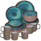 Melamin Geschirr Set Jesolo Grün für 6 Personen - 24 Teile - mit 90°C-Tassen aus ABS-Kunstsoff mit Antislip-Funktion - Steingutoptik Spülmaschinengeeignet Campinggeschirr Wohnwagen Camping Festival