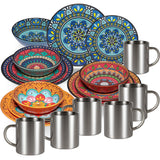 Melamin Geschirr Set Toskana für 4 Personen - 12 Teile - BUNT - mit Edelstahl Thermo Tassen Mandala-Optik Spülmaschinengeeignet Essgeschirr Campingzubehör Campinggeschirr Wohnwagen Camping