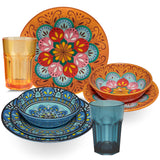 Melamin Geschirr Set Toskana Pastel für 2 Personen - 8 Teile - Orange-Blau - Mandala-Optik mit farblich passenden Trinkgläsern 400 ml aus Acryl Campinggeschirr