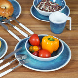 Melamin Geschirr Set Jesolo Blau für 6 Personen - 24 Teile - mit klarem Trinkglas 450ml aus Acryl Steingutoptik Campinggeschirr
