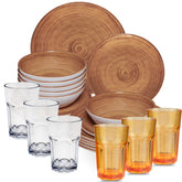 Melamin Geschirr Set Bambi Braun für 6 Personen - 24 Teile mit farblich passenden Trinkgläsern 400 ml aus Acryl Steingutoptik Campinggeschirr