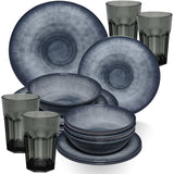 Melamin Geschirr Set Jesolo Grau für 4 Personen - 16 Teile - mit farblich passenden Trinkgläsern 400ml aus Acryl Campinggeschirr