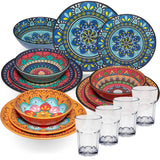 Melamin Geschirr Set Toskana für 4 Personen - 16 Teile - BUNT - Mandala-Optik mit klaren Trinkgläsern 400 ml aus Acryl Campinggeschirr