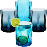 Melamin Geschirr Set Adria Blue für 4 Personen - 16 Teile Blau - mit farblich passenden Trinkgläsern 300 ml aus Acryl Steingutoptik Campinggeschirr