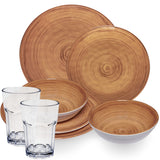 Melamin Geschirr Set Bambi Braun für 2 Personen - 8 Teile mit klaren Trinkgläsern 400 ml aus Acryl Steingutoptik Campinggeschirr