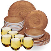 Melamin Geschirr Set Bambi Braun für 6 Personen - 24 Teile mit farblich passenden Trinkgläsern 400 ml aus Acryl Steingutoptik Campinggeschirr