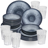 Melamin Geschirr Set Jesolo Grau für 6 Personen - 24 Teile - mit Trinkglas 450 ml klar Steingutoptik Campinggeschirr