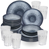 Melamin Geschirr Set Jesolo Grau für 6 Personen - 24 Teile - mit Trinkglas 450 ml klar Steingutoptik Campinggeschirr