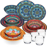 Melamin Geschirr Set Toskana für 4 Personen - 16 Teile - BUNT - Mandala-Optik mit klaren Trinkgläsern 400 ml aus Acryl Campinggeschirr
