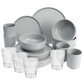 Melamin Geschirr Set mit steilem Rand für 4 Personen - 20 Teile - Campinggeschirr mit Trinkglas klar 250 ml - grau