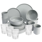 Melamin Geschirr Set mit steilem Rand für 4 Personen - 20 Teile - Campinggeschirr mit Trinkglas klar 250 ml - grau