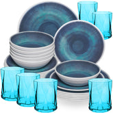 Melamin Geschirr Set Jesolo Blau für 6 Personen - 24 Teile - mit farblich passenden Trinkgläsern 300ml aus Acryl Campinggeschirr