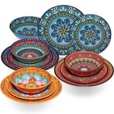 Melamin Geschirr Set Toskana für 4 Personen - 12 Teile - BUNT - Mandala-Optik Essgeschirr Campinggeschirr