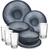 Melamin Geschirr Set Jesolo Grau für 4 Personen - 16 Teile - mit klarem Trinkglas 300ml - aus Acryl Steingutoptik Campinggeschirr