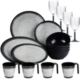 Melamin Geschirr Set für 4 Personen Grau Granit-Optik 20 Teile - mit Stapeltassen und grauen Weingläsern 290 ml - Campinggeschirr Geschirrset Tafelgeschirr - Spülmaschinengeeignet Outdoor Camping