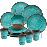 Melamin Geschirrset mit Tassen 4 Personen 16 teilig Steingut Optik grün braun Tafelgeschirr Camping Outdoor