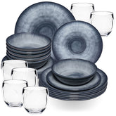 Melamin Geschirr Set Jesolo Grau für 6 Personen - 24 Teile - mit klarem Trinkglas 400ml - aus Acryl Steingutoptik Spülmaschinengeeignet Campingzubehör Campinggeschirr Wohnwagen Camping Festival