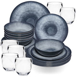 Melamin Geschirr Set Jesolo Grau für 6 Personen - 24 Teile - mit klarem Trinkglas 400ml - aus Acryl Steingutoptik Spülmaschinengeeignet Campingzubehör Campinggeschirr Wohnwagen Camping Festival